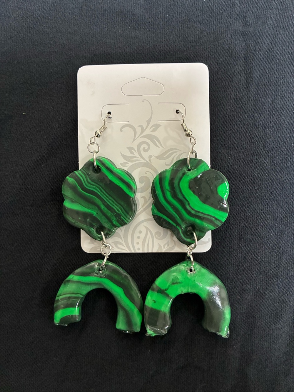 Green Marbled Dangle Statement Earrings - Handmade